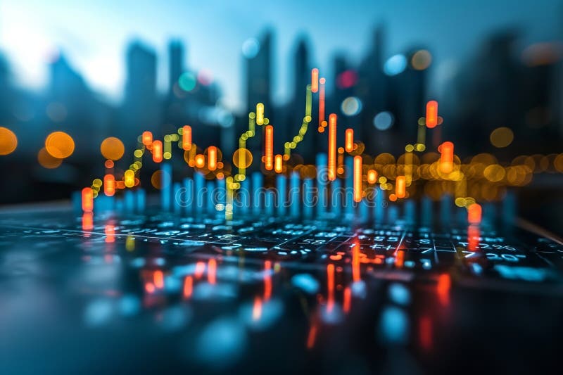 A visually compelling image of a financial bar chart with glowing stats over a blurred city silhouette AI generated. A visually compelling image of a financial bar chart with glowing stats over a blurred city silhouette AI generated