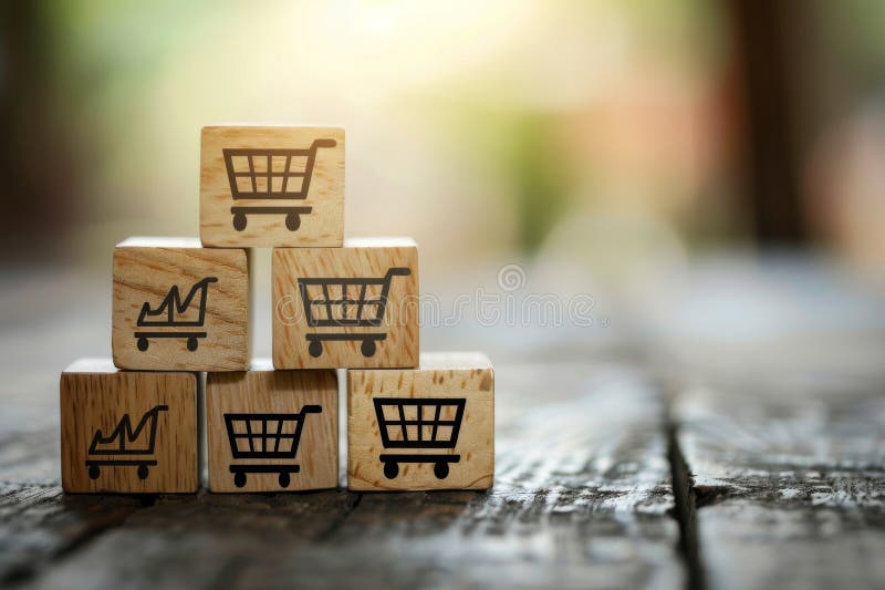 Ascending stack of wooden blocks with shopping cart and growth chart icons on them, representing increasing sales volume and business growth with a blurred background. AI generated. Ascending stack of wooden blocks with shopping cart and growth chart icons on them, representing increasing sales volume and business growth with a blurred background. AI generated