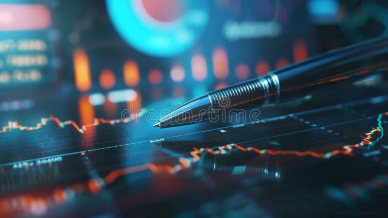 Write the title text in English, add the text, Generative AI at the end. High quality photo. The image depicts a pen placed on a digital financial chart with fluctuating data lines, emphasizing technology and finance. AI generated
