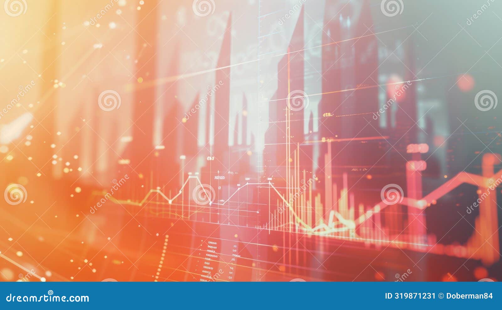 Abstract financial chart with vibrant cityscape background featuring data analysis and business metrics. An abstract financial chart overlayed on a vibrant cityscape background. This image represents data analysis, business metrics, and economic trends, perfect for financial reports, presentations, or illustrating market concepts. AI generated