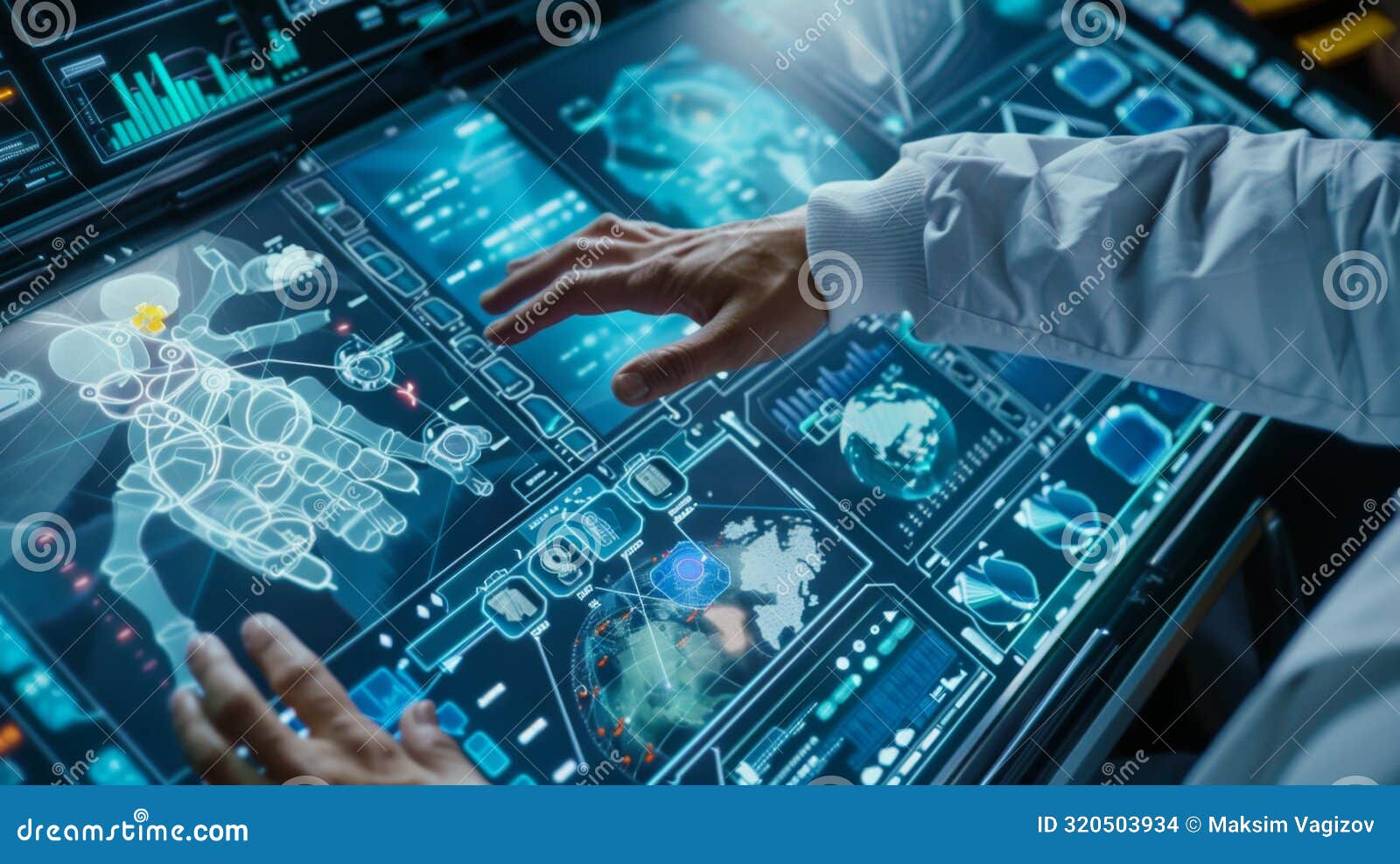 Futuristic Medical Technology Interface, Generative AI. High quality photo. A high-tech medical interface showing a holographic display with various health and data metrics, highlighting advancements in futuristic medical technology. AI generated