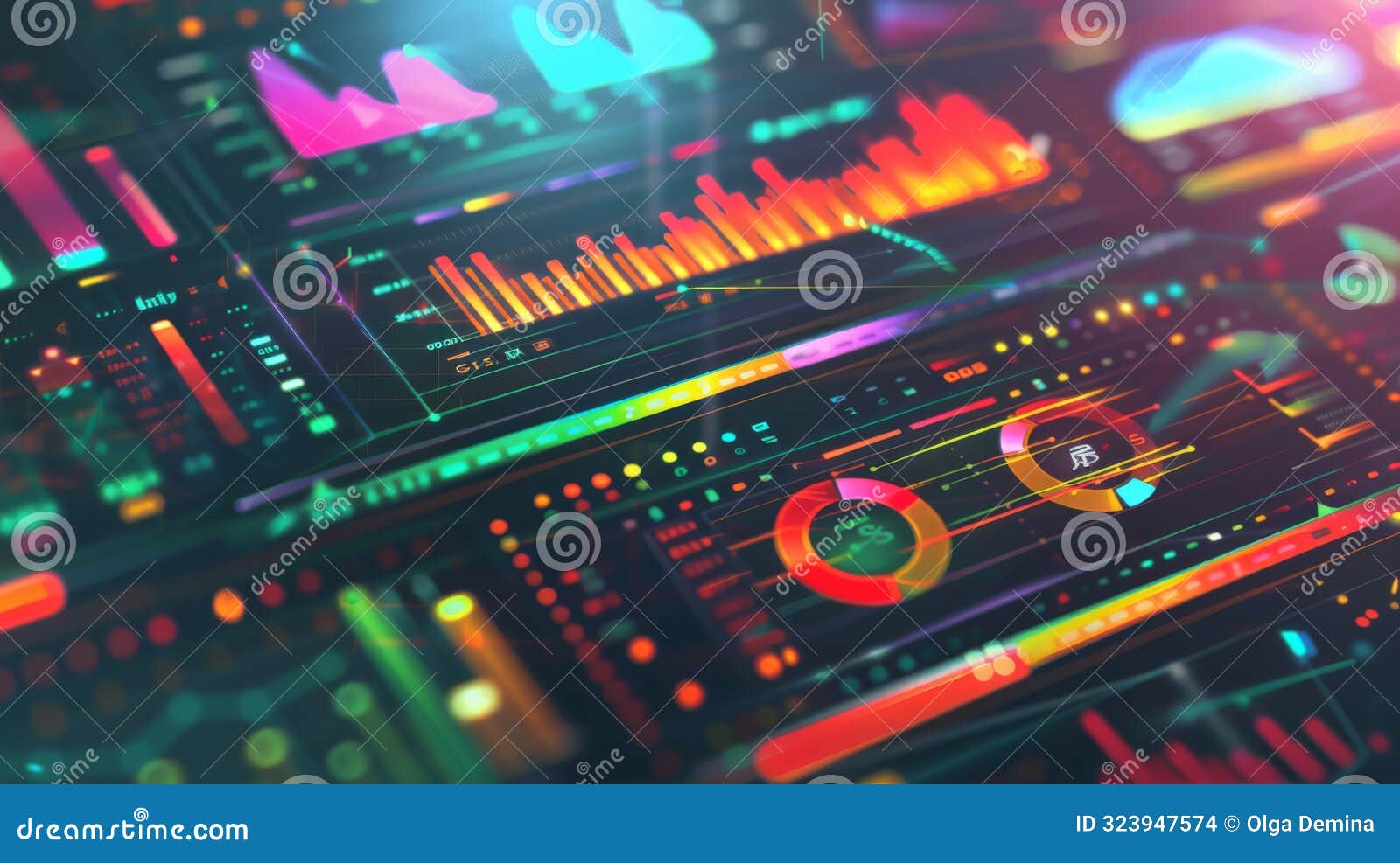 Innovative business dashboard with colorful graphs and data metrics on a dark background. Suitable for financial and. Innovative business dashboard with colorful graphs and data metrics. Suitable for financial and strategic presentations. AI generated