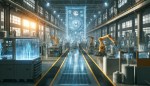 a futuristic factory floor, highlighting the seamless integration of artificial intelligence and the Internet of Things within manufacturing