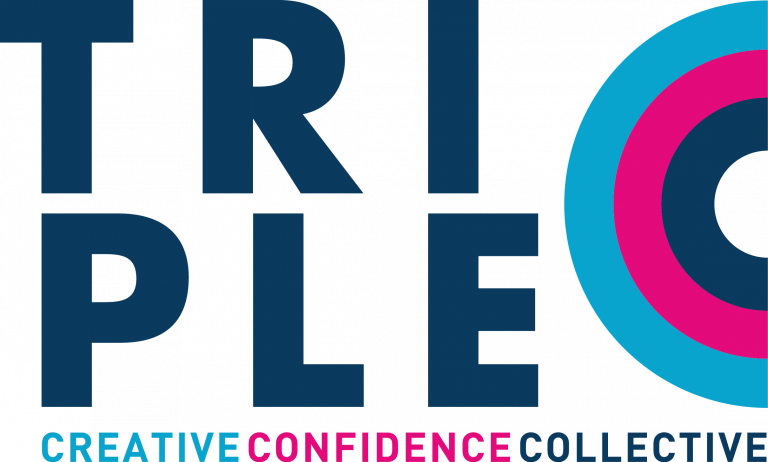 TripleC Logo withe the word TRIPLE in large navy blue and the C decorated in the shape of the letter in Navy Blue, fuchsia and light blue, with Creative Confidence Collective underneath in the same colours all on a clear background