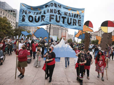 A demonstration in honor of Indigenous Peoples’ Day at Freedom Plaza on October 11, 2021, in Washington, D.C.