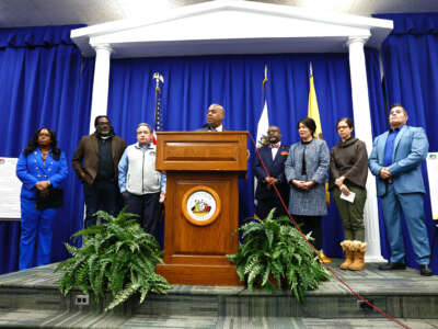 Mayor Ras Baraka speaks to the press on January 24, 2025, one day after an Immigration and Customs Enforcement raid in Newark, New Jersey.