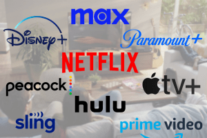 best streaming services logo set against a background photo of an entertainment system