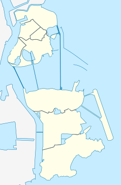 Mapa konturowa Makau, po lewej nieco u góry znajduje się punkt z opisem „Macau Tower”