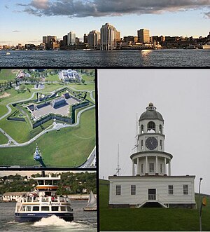 Top: Halifax Skyline, Middle left: Citadel Hill, Bottom left: Metro Transit Ferry, Right: Halifax Town Clock