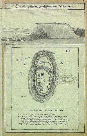 Otepää Linnamägi ja Otepää linnus. Johann Christoph Brotze, 1801