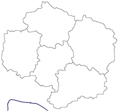 Mapa konturowa kraju Wysoczyna, blisko centrum po prawej na dole znajduje się punkt z opisem „Třebíč”