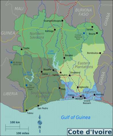 Mapa regionů Pobřeží slonoviny