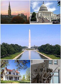 Tap left: Healy Haw at Georgetoun Varsity; tap richt: U.S. Capitol; mids: Washington Monument; bottom left: Frederick Douglass Naitional Historic Site; bottom richt: African American Ceevil War Memorial