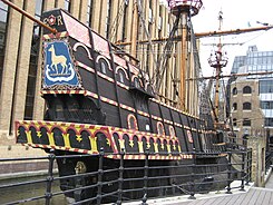 The stern of the "Golden Hinde" replica of the Golden Hind docked in Southwark