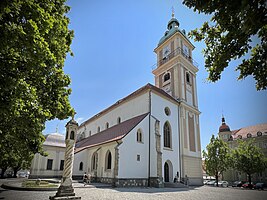 The exterior of Maribor Cathedral features a 53-metres high bell tower.