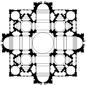 This is plan 1 of 3. The plan is based on a square, superimposed on a cross with arms of equal length. The cross makes the main sections of the church building: nave and chancel crossed by the transepts, with a circular dome over the crossing. There are four smaller domes, one in each corner of the square. The arms of the cross-project beyond the square.