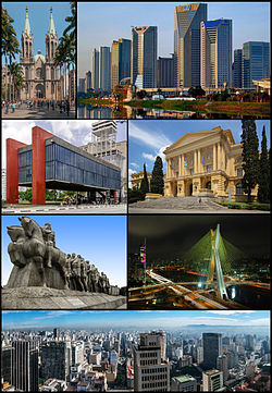 Photo montage ning lakanbalen ning São Paulo. Manibat king kayli papuntang wanan: São Paulo Cathedral; United Nations Business Center; São Paulo Museum of Art king Paulista Avenue; Museum of Ipiranga; Bandeiras Monument; Octávio Frias de Oliveira Bridge; ampo ing downtown skyline manibat king Altino Arantes Building.