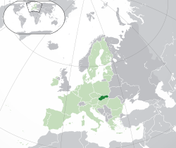 Location o  Slovakie  (dark green) – on the European continent  (green & dark grey) – in the European Union  (green)  —  [Legend]