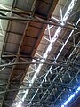 The interior ceiling of Hinkle Fieldhouse, showing the original trusses and corrugated iron construction built in 1928.