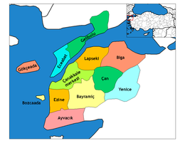 Mapa dos distritos da província de Çanakkale