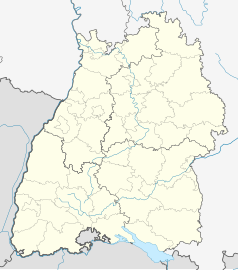 Mapa konturowa Badenii-Wirtembergii, po prawej nieco na dole znajduje się punkt z opisem „Ehingen (Donau)”