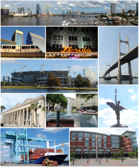 Do topo, da esquerda para a direita: Centro de Jacksonville, Riverplace Tower, estátua de Andrew Jackson, Florida Theatre, Ponte Dames Point, Jacksonville Veterans Memorial Arena, Everbank Field, Fonte da Amizade, Jacksonville Landing, Jacksonville Landing.