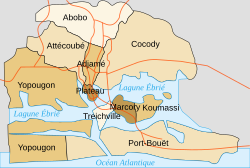 Peta 10 komune yang membentuk bekas Kota Abidjan (422 km²), kini termasuk dalam Distrik Otonomi Abidjan yang lebih besar (2119 km²)