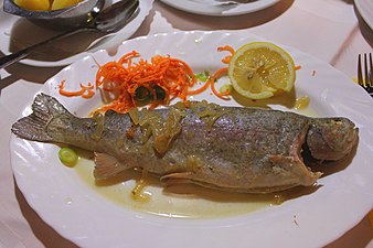 Forelle blau - poached trout, cooked in vinegar, onion stock