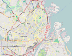 Mapa konturowa Kopenhagi, blisko centrum po prawej na dole znajduje się punkt z opisem „Nyhavn”