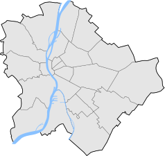 Mapa konturowa Budapesztu, blisko górnej krawiędzi znajduje się punkt z opisem „Most Megyeri”