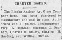 notice in newspaper about incorporation of Blenko Antique Art Glass Company