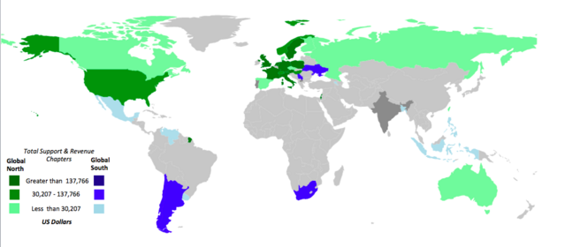 Figure 2. Allocation of Support & Revenue for chapters based on the North-South Divide for 2013.' The color green represents the chapters in the Global North and the color blue the chapters in the Global South. The darker the gradient of the colors, the higher the value of support and revenue. 36 out of 40 chapters are represented in this map. No data was received for Wikimedia India, Wikimedia Macau, Wikimedia Macedonia and Wikimedia Portugal.