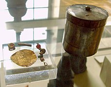 Jaulian silver Buddhist reliquary, with contents. British Museum.