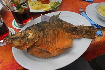 Im Bierteig ausgebackener Spiegelkarpfen mit Preisschild, Preis nach Gewicht