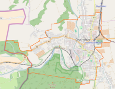 Mapa konturowa Głuchołaz, u góry po prawej znajduje się punkt z opisem „Głuchołazy”