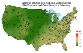 Valors del pH de la pluja als EUA el 2015. S'observa la millora respecte al 1985 a conseqüència de les mesures adoptades per aturar les emissions