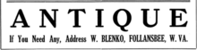 advertisement for Antique glass by W. Blenko