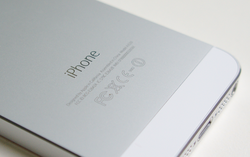 The "iPhone" wordmark on the back of an iPhone 5s.