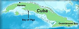 Map of Cuba with Bay of Pigs labeled on the southern coast.