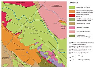 Barevná fotografie s reprodukcí geologické mapy zachycují výskyt hornin v městské oblasti s legendou