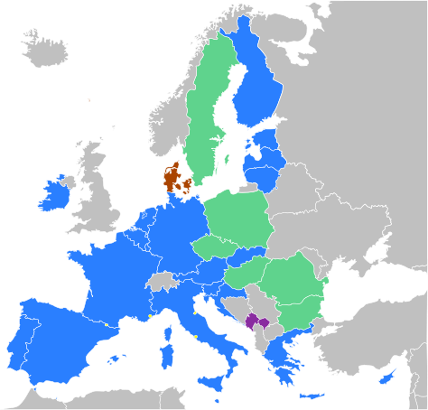      Zone euro
     États de l'UE hors zone euro
     Référendum sur l'adhésion du Danemark à la zone euro à venir
     Dérogation au Royaume-Uni quant à son entrée dans la zone euro
     États hors UE utilisant l'euro de manière officielle (Andorre, Monaco, Vatican, Saint-Marin)
     États ou zones hors de UE utilisant l'euro de facto (Monténégro, Kosovo)