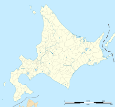 Mapa konturowa Hokkaido, na dole po lewej znajduje się punkt z opisem „Hakodate”