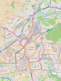 Mapa konturowa Lubeki, blisko centrum na dole znajduje się punkt z opisem „Kościół św. Idziego w Lubece”