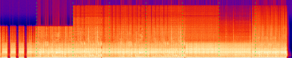 Deutsch: Spektrogramm einer Opus-kodierten Musikaufnahme bei unterschiedlichen Durchschnittsbitraten (~32 bis ~160 kbit/s) zeigt deutlich das Tiefpass-Verhalten des Kodierers und die vergleichsweise gute Erhaltung der Bandenergie durch CELT. English: Spectrogram of a Opus-encoded music recording at different average bitrates (~32 to ~160 kbit/s) clearly show the lowpass behaviour of the encoder and the comparatively good preservation of the band energy with CELT.