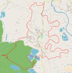 Mapa konturowa Radłowa, w centrum znajduje się punkt z opisem „Kościół św. Jana Chrzciciela”