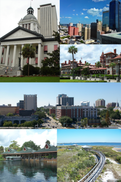 Top left to right: Florida State Capitol in Tallahassee, Downtown Jacksonville, Flagler College, Tallahassee skyline Bottom left to right: Silver Springs Nature Theme Park, and Big Lagoon State Park