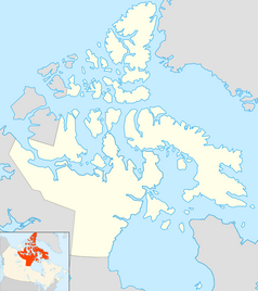 Mapa konturowa Nunavut, w centrum znajduje się punkt z opisem „Gjoa Haven”