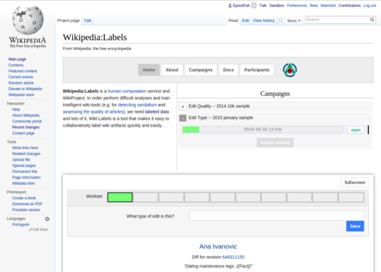 A screenshot of the Wiki labels interface integrated into en:WP:Labels.