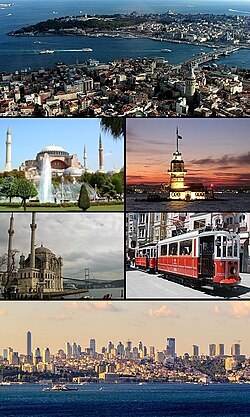 Clockwise frae tap: View o Gowden Horn atween Galata an Seraglio Pynt includin the historic auries; Maiden's Touer; a nostalgic tram on İstiklal Avenue; Levent business destrict wi Dolmabahçe Palace; Ortaköy Mosque in front o the Bosphorus Brig; an Hagia Sophia.