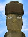 The moai with headgear at Ahu Tahai, restored with coral eyes by the American archaeologist William Mullo